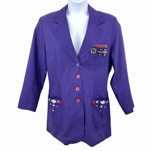 VTG PURPLE LINEN BLEND OVERSIZE BLAZER BEADED JEWELED EMBELLISHED POCKETS 11/12